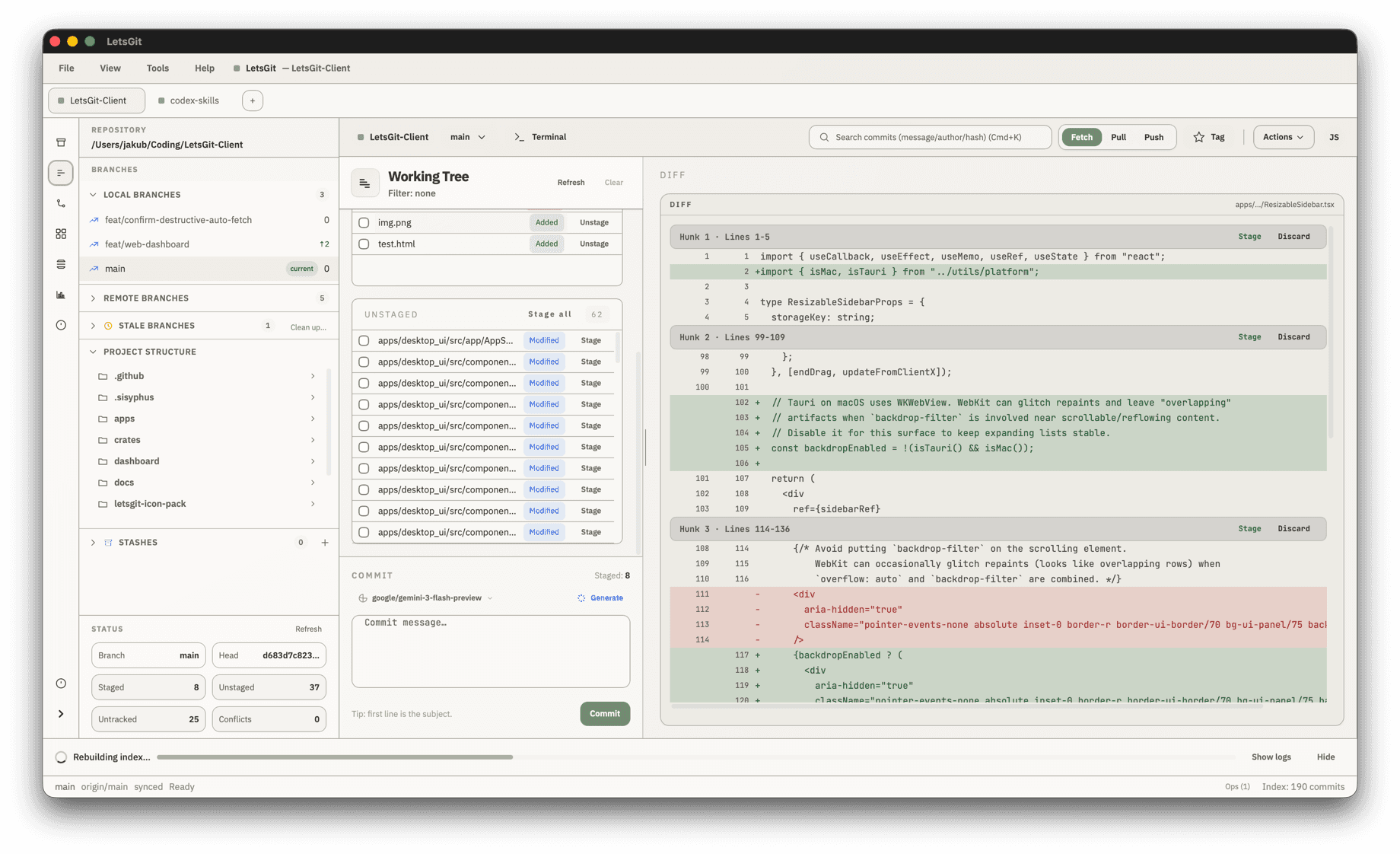 LetsGit changes view with staging and inline diff